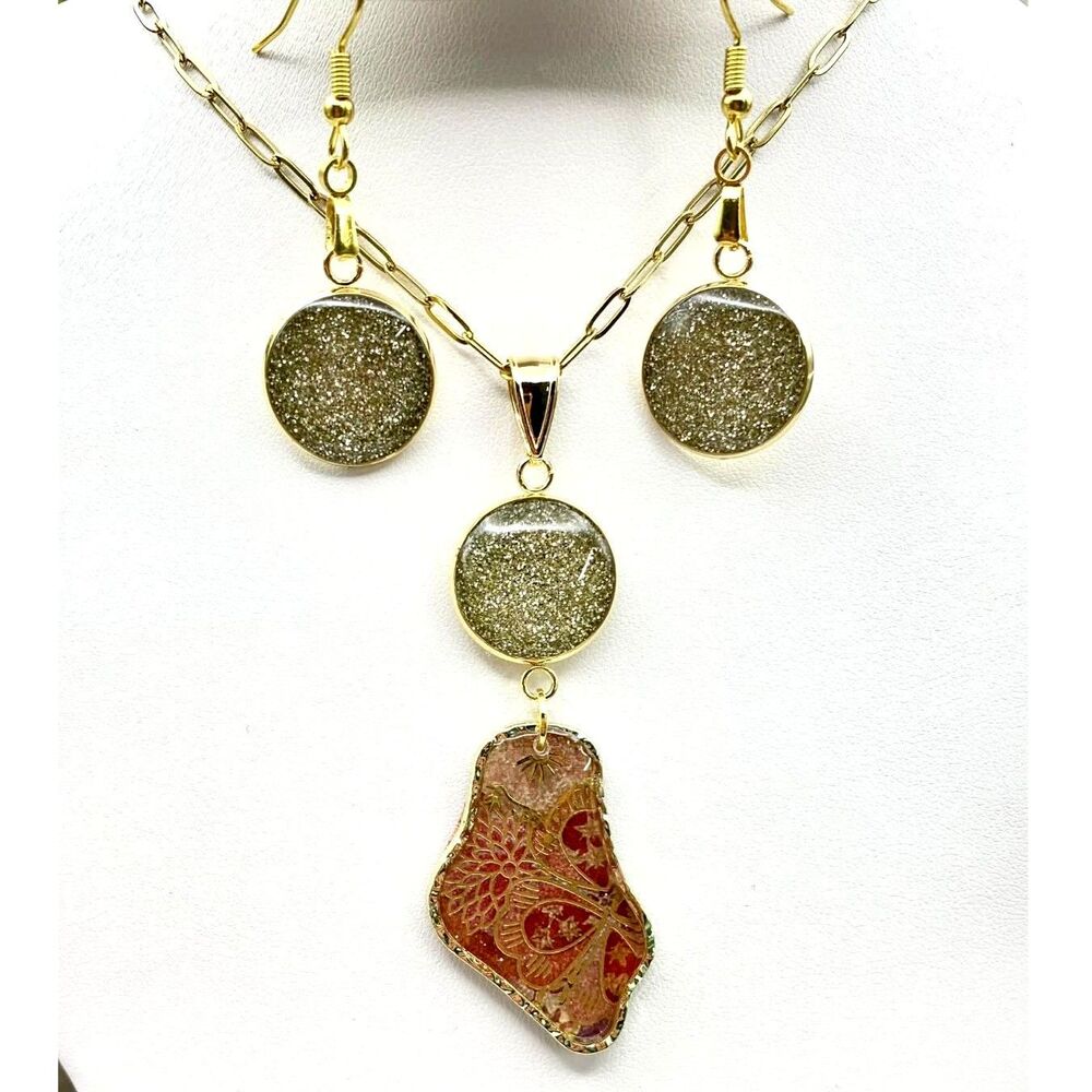Handmade Gold Glitter & Red Floral Resin Necklace Set with Matching Earrings